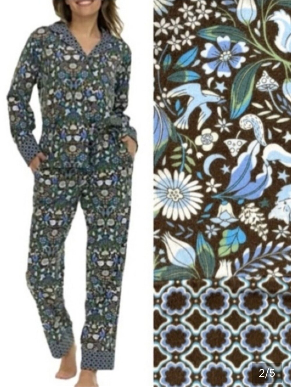 Vera Bradley Pajama Set Button Down Shirt/Pants Cotton Enchanted Woodland Sz XL